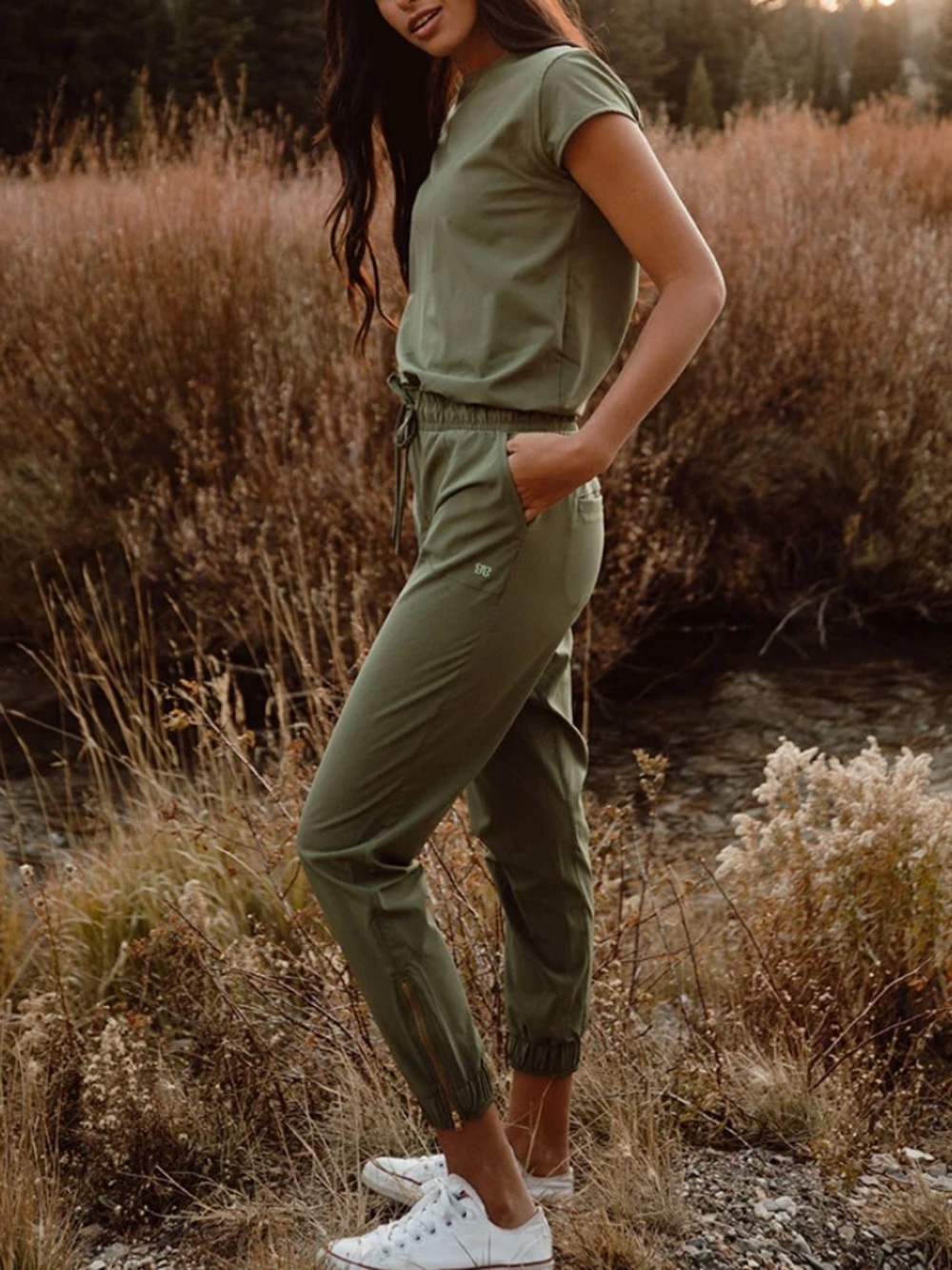 Albion Olive-Green Short Sleeve Drawstring Jumpsuit